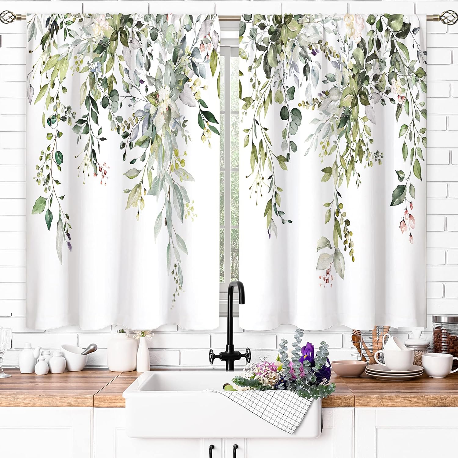 Eucalyptus Botanical Leaves Floral Kitchen Window Curtains Over Sink Boho Farmhouse Flower Leaf Small Window Treatment Sage Green Cafe Short Curtains for Bathroom Tier Drapes 27.5x39 inch
