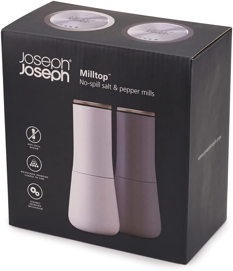 Milltop Non-Spill Salt and Pepper Mill Set Refillable with Ceramic Grinding, White/Grey, 24