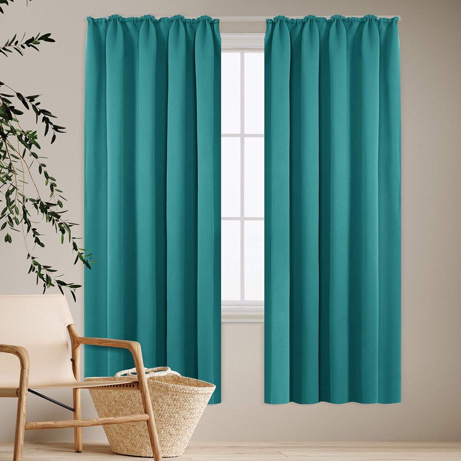 Thermal Insulated Tape Top Curtains, Pencil Pleat Blackout Curtains, 66 x 54 Inch, Turquoise, 2 Panels