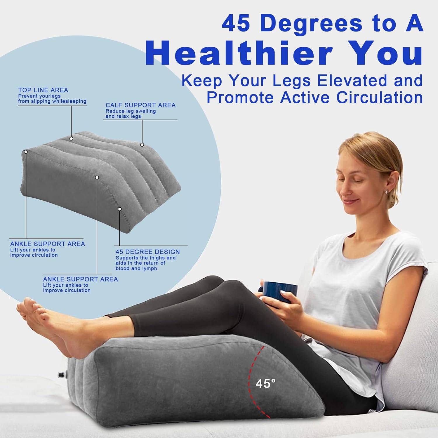 Leg Elevation Pillow,Inflatable Wedge Pillows,Knee Pillow, Leg Pillow with Inflator and Storage Bag,Leg Support Pillow for Bed,Improve Circulataion,Suitable for improving Sleep Quality (Grey)