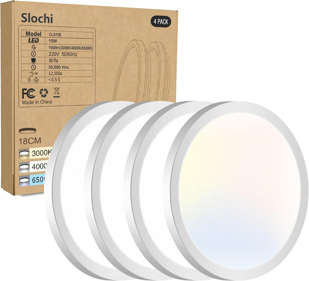 4Pack Bathroom Light, 3000K/4000K/6500K 3 Color Temperature, Waterproof IP44, Small, Round, Modern, 15W 1500LM Flush Ceiling Light for Bathroom, Kitchen, Bedroom, Hallway and More,Ø18CM