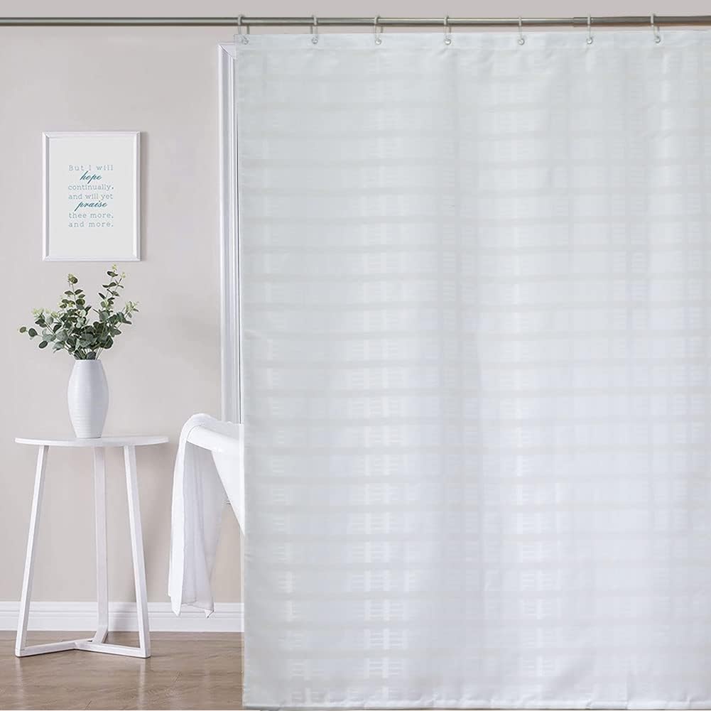 White Jacquard Shower Curtain for Bathroom Tub, Waterproof Fabric with Plastic Hooks, 71" W x 59" L /180x150cm