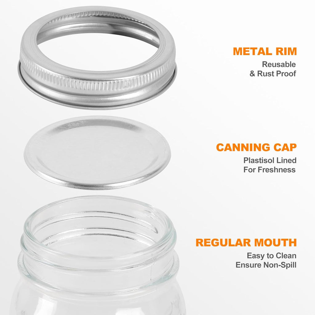 475ml Mason Jar with Anti-Slip Design & Measuring Scale – Premium Thickened Calcium Glass, Lead-Free, Leak-Proof Lid with Plastic Seal, 7cm Wide Mouth, Ideal for Storage, Preserves & More (6 Pack)