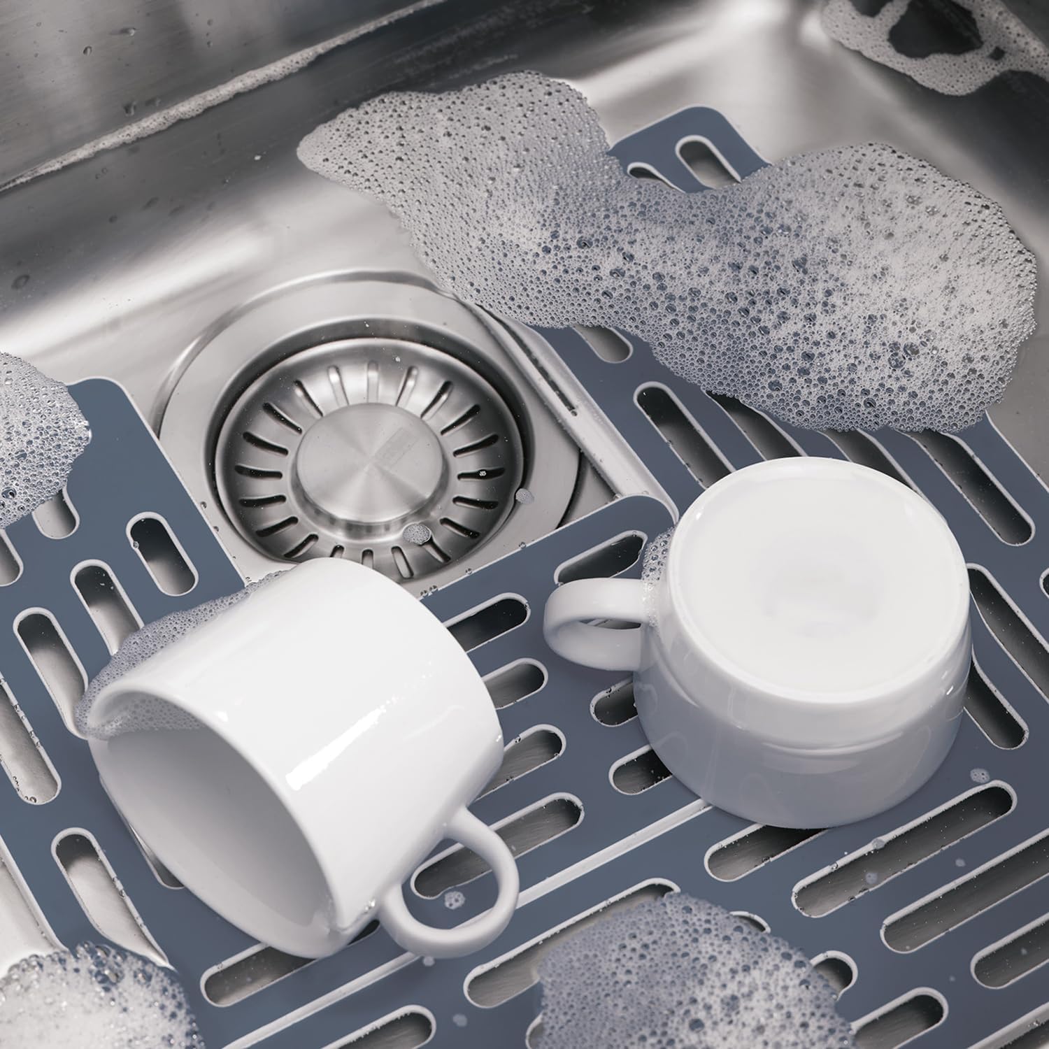 Sink Saver- 2 piece Adjustable Kitchen Sink Protector Mat with non slip feet, Grey