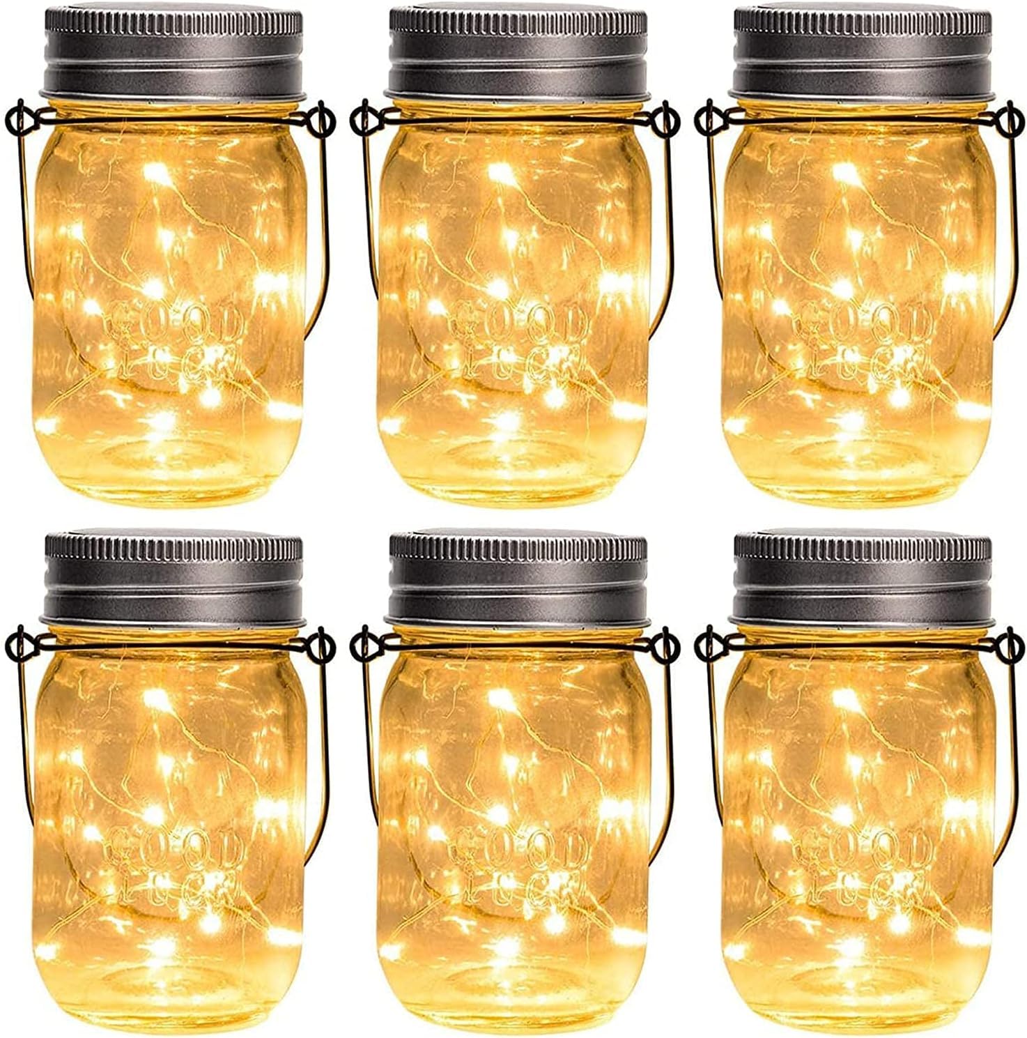 Hanging Solar Mason Jar Lights, 6 Pack 30 Led Solar Lanterns Outdoor Hanging Lanterns, 6 Hangers and Jars Included. Great Outdoor Lawn Decorate for Patio Garden, Yard and Lawn