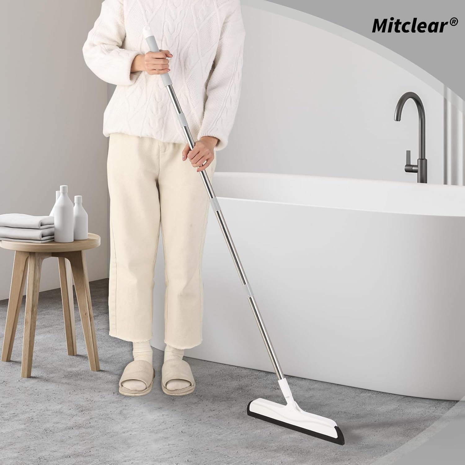 Floor Squeegee with Long Handle(50IN), Extendable Foam Squeegee Mop for Wet Room, Squidgy Shower Cleaner, Handled Floors Sweeper Water Wiper for Bathroom Kitchen Pool Pet Hair