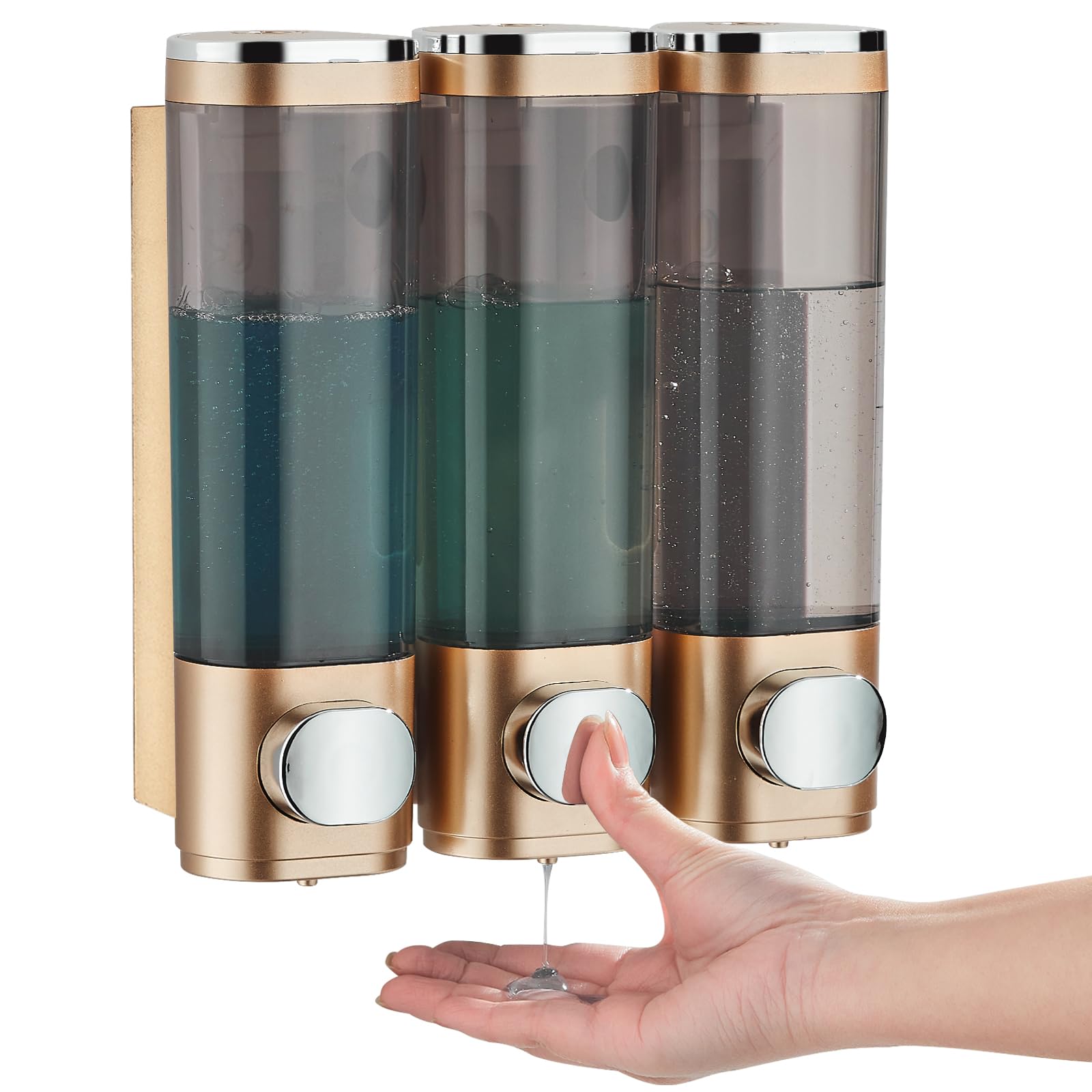 Shampoo and Conditioner Dispenser, Shower Dispenser 3 Chamber No Drill Shampoo for Shower Wall Mounted Body Wash for Bathroom,Large Capacity,Gold Main image