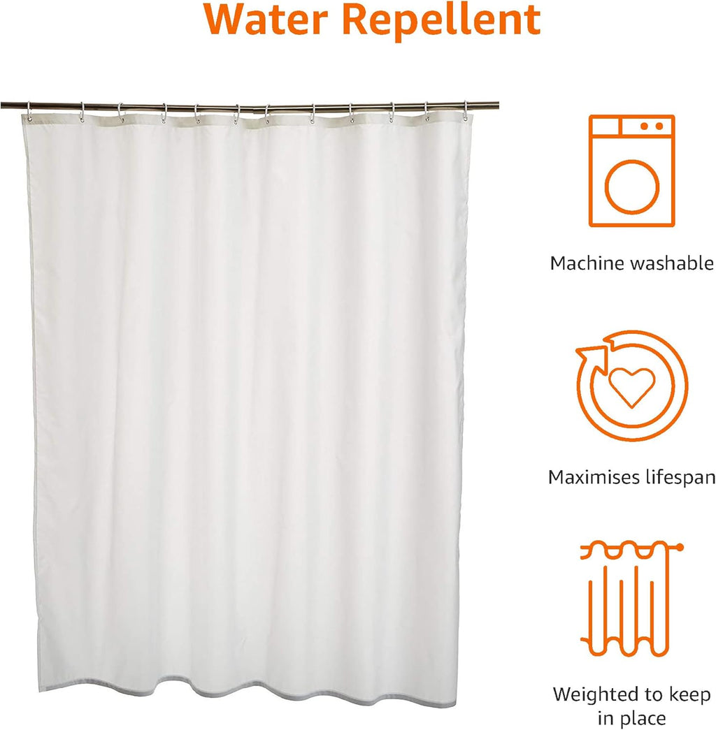 Shower Curtain, Water and Mould Resistant Fabric Bathroom Curtain with Grommets & Hooks, Machine Washable, 180 x 200 cm, White