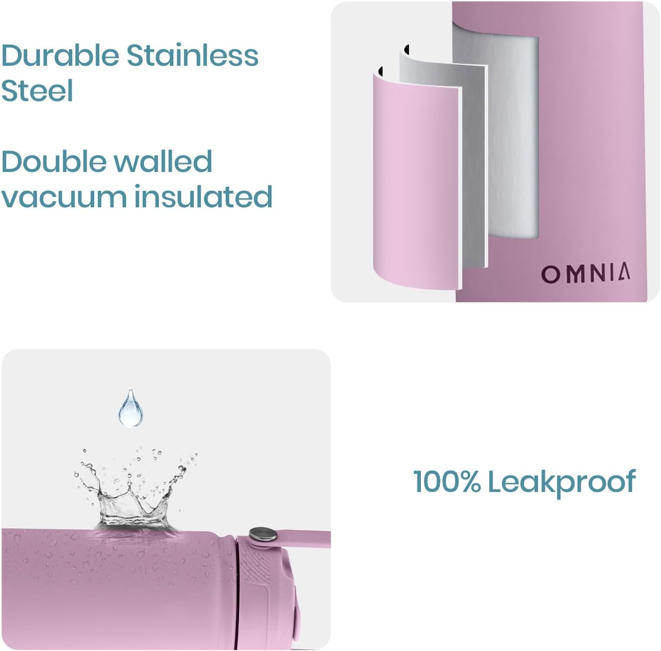 OMNIA Vacuum Insulated Stainless Steel Water Bottle, 2 Lids (Straw & Spout) Leakproof, BPA-Free, Reusable Flask, Hot & Cold Thermos for Sports, Gym, Travel, Outdoors (Soft Pink, 750ML)