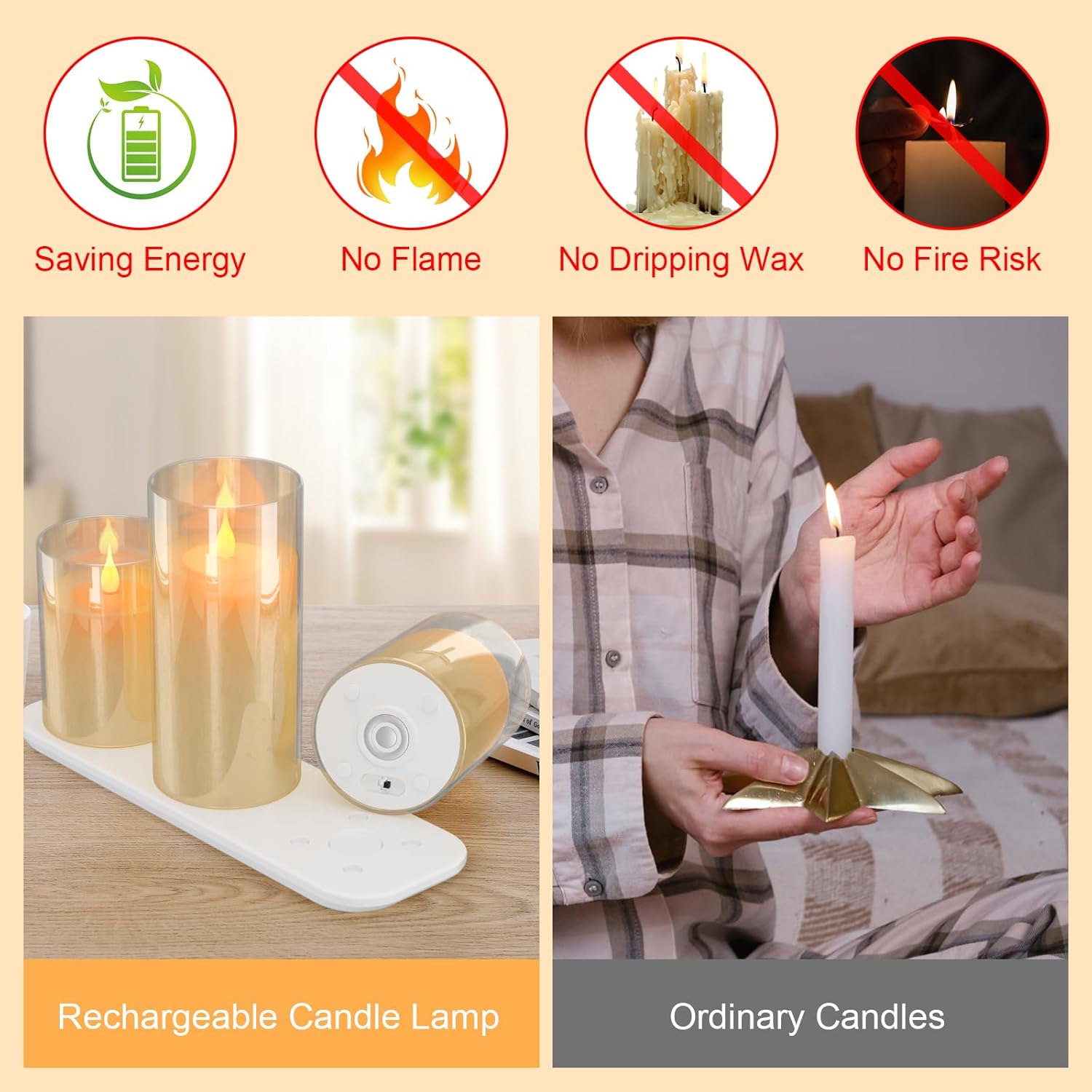 Rechargeable Flameless Candle, Set of 3 Flickering Glass LED Candles with Charging Base and Remote Control, Tea Lights with Timer Function for Festival Wedding Party Decoration