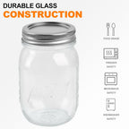 475ml Mason Jar with Anti-Slip Design & Measuring Scale – Premium Thickened Calcium Glass, Lead-Free, Leak-Proof Lid with Plastic Seal, 7cm Wide Mouth, Ideal for Storage, Preserves & More (6 Pack)