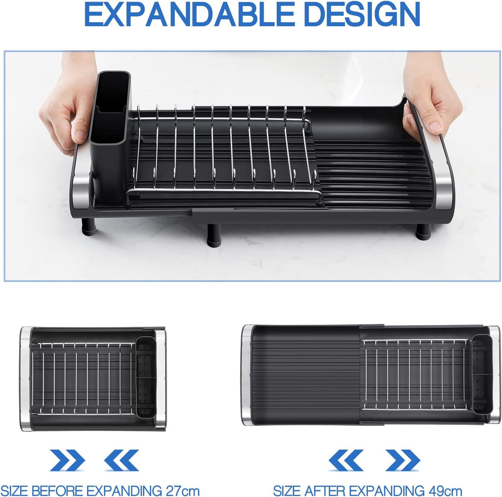 Small Dish Drainer, Expandable Dish Drainer Rack, Dish Rack With Removable Cutlery Holder, Anti Rust Small Sink Drainer, Expandable Draining Board Rack For Kitchen Counter, Black
