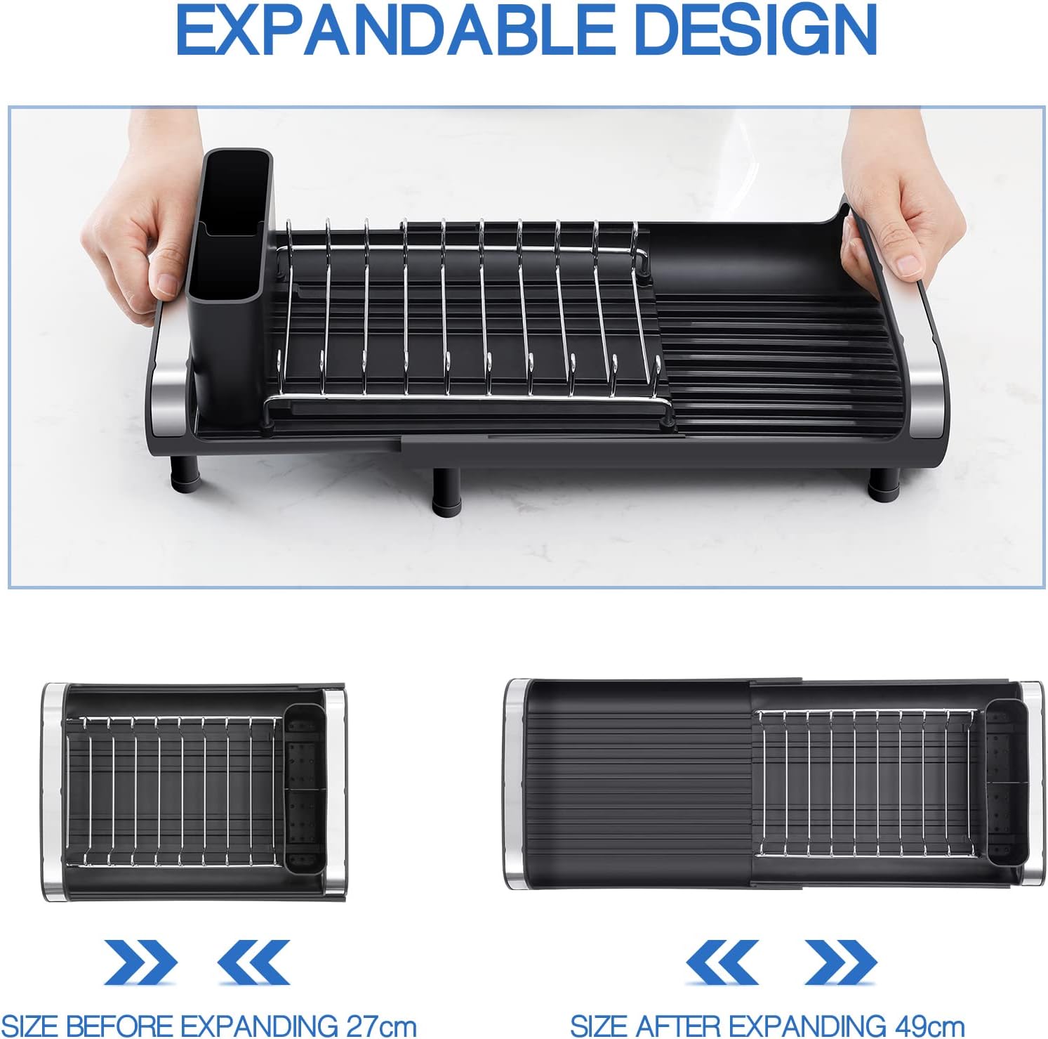 Small Dish Drainer, Expandable Dish Drainer Rack, Dish Rack With Removable Cutlery Holder, Anti Rust Small Sink Drainer, Expandable Draining Board Rack For Kitchen Counter, Black