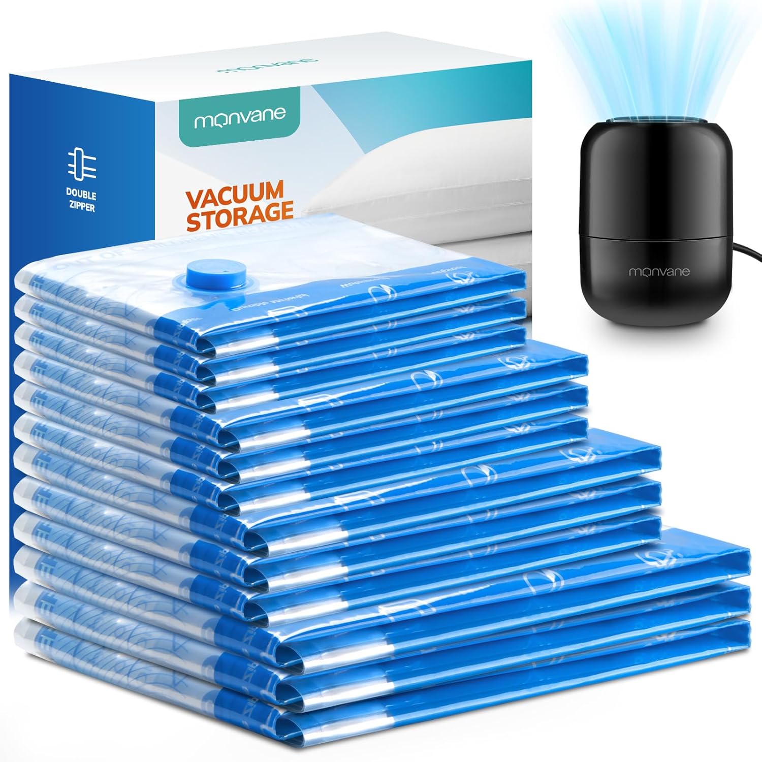 Vacuum Compression Storage Bags for Clothes - 12 Pack Reusable Space Saver Bags with Wired Electric Air Pump for travel (3 Jumbo + 3 Large + 3 Medium + 3 Small) Main image
