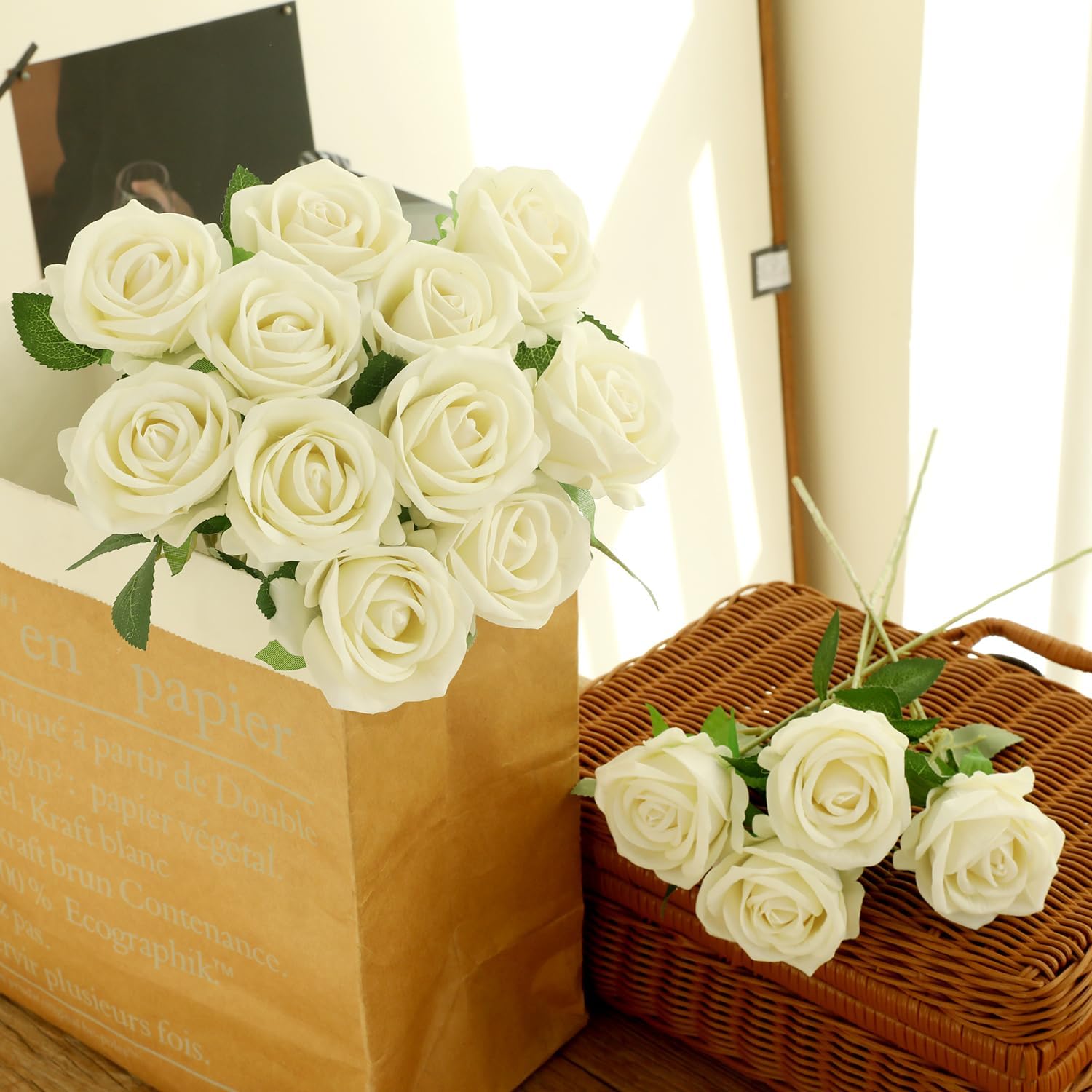 15Pcs Small Fake Roses Velet Roses Long Stem Artificial Flowers Silk Flowers for Home Wedding Decoration (Pearl Roses,White)