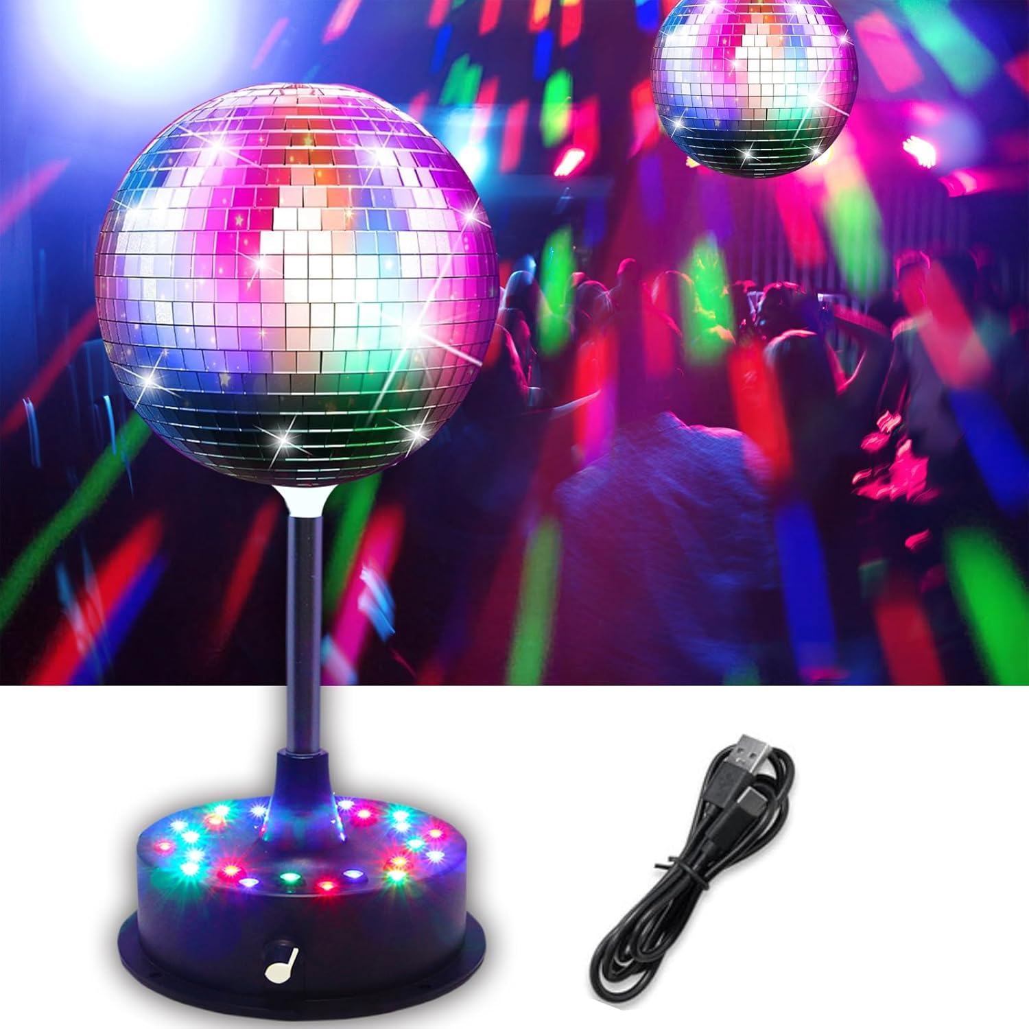 6'' Mirror Disco Ball with 24 LEDs 5-9 RPM Adjustable Rotating Motor Base Disco Lamps Ceiling Decor for Show Party Dancing Hall Club Ktv Nightclubs Bars