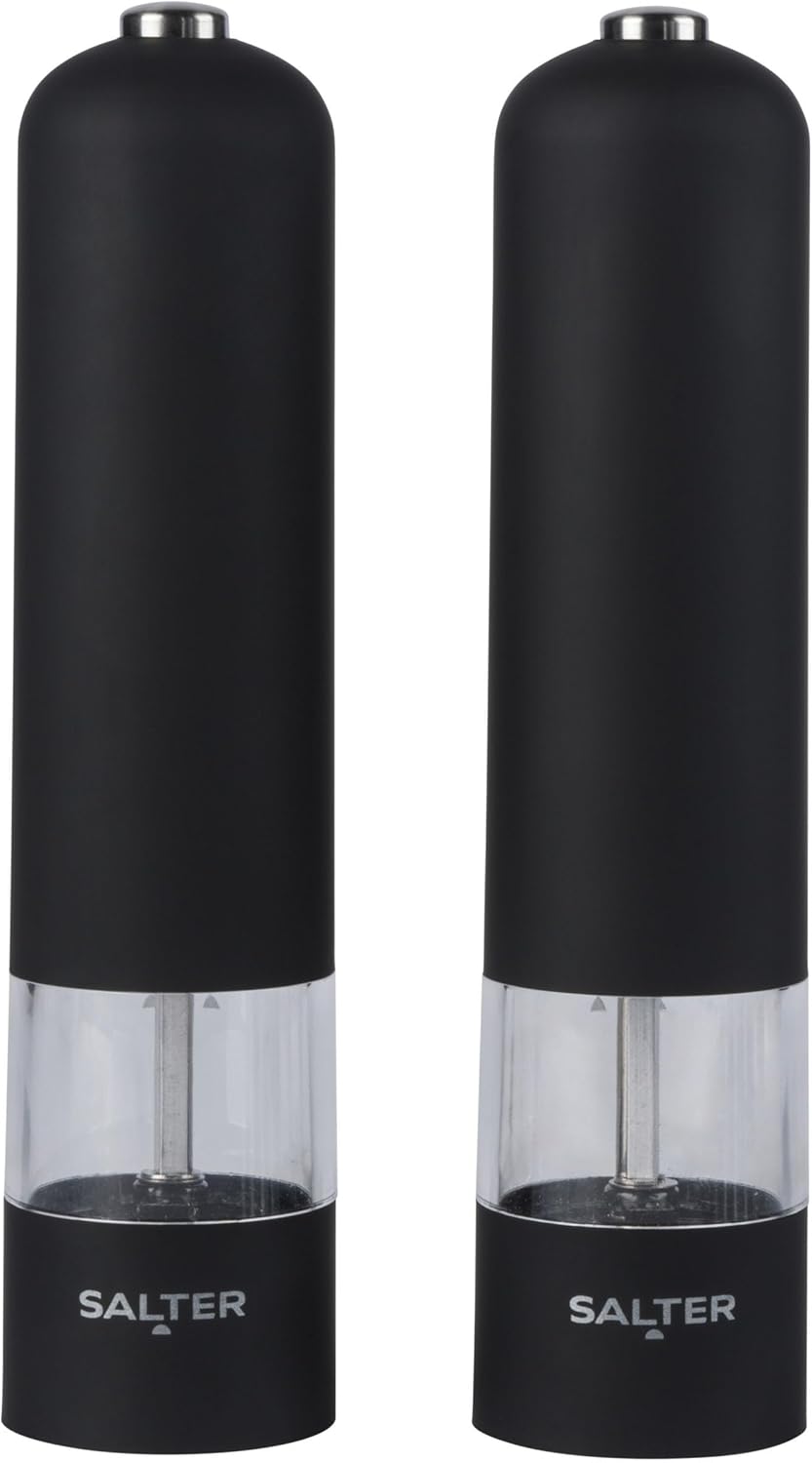 7524 BKXR Electric Salt & Pepper Grinder Set - Matt Black Soft-Touch, Push Button Operation, Battery Powered, Ceramic Mechanism, Adjustable Fine to Coarse Grind, 66g Sea Salt/30g Peppercorns
