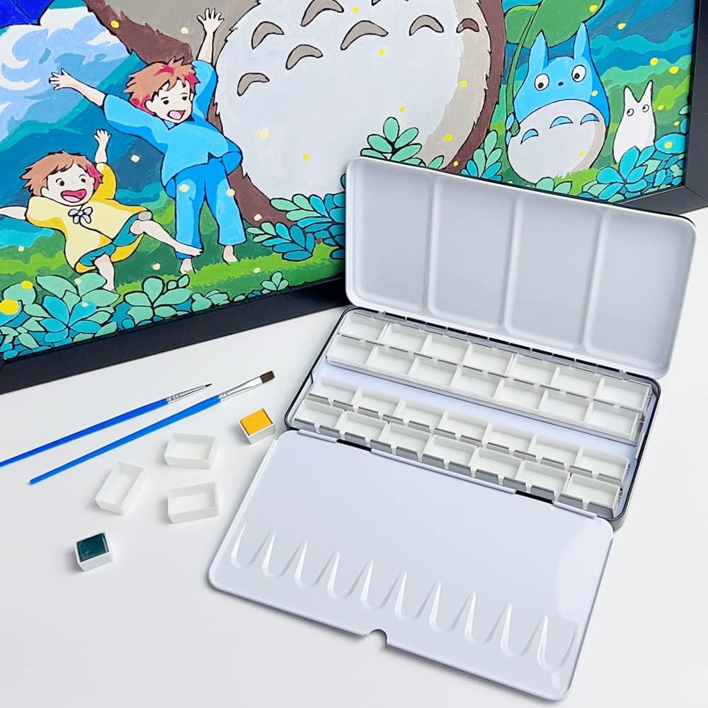 FCLUB Empty Watercolor Tins Palette Paint Case - Large Watercolor Palette Box Metal Tin with 28 Full Pans
