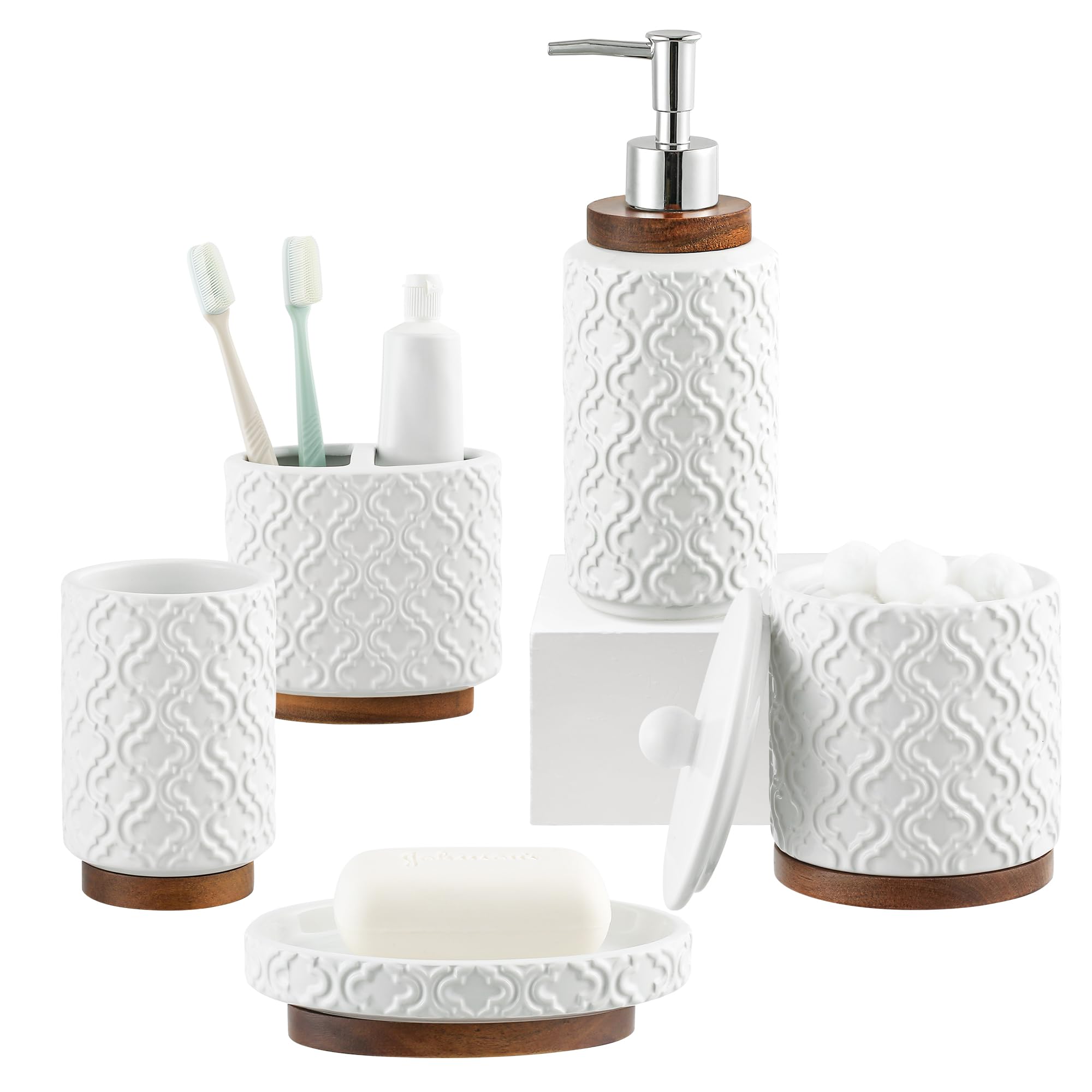 Bathroom Accessories Set 4 Pcs Toothbrush Holder Soap Dispenser Ceramic and Wood Bathroom Set Contain Toothbrush Cup Soap Dish Tumbler Black