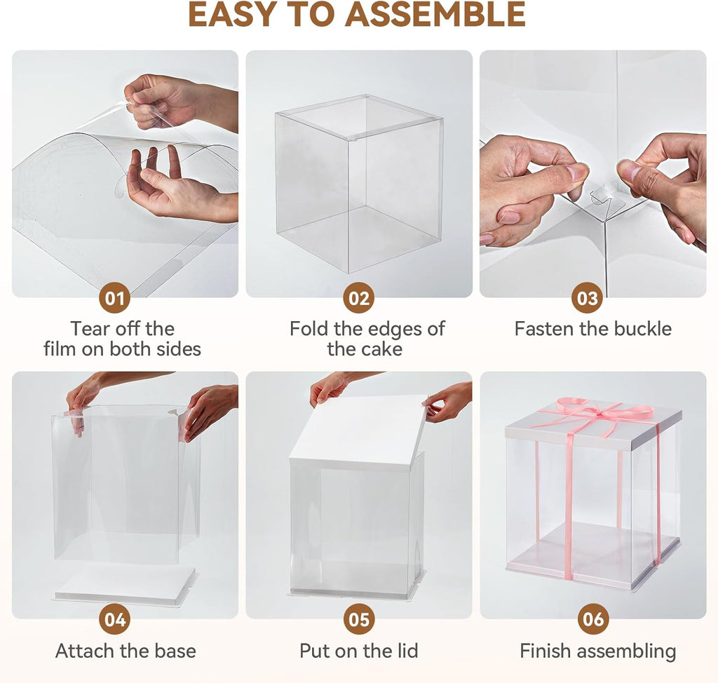 Clear Cake Box, 34x34x37CM for 12 Inch Tall Cake Box, Transparent Cake gift Boxes with Lid & Ribbon, Plastic Cube Cake Gift Packaging Boxes for Birthday Wedding Christmas Party