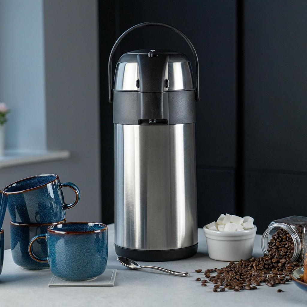 3.0L Stainless Steel Push-Pump Airpot, Leakproof Flask for Hot and Cold Drinks, Easy Pump Drink Dispenser for Events, Satin Finish