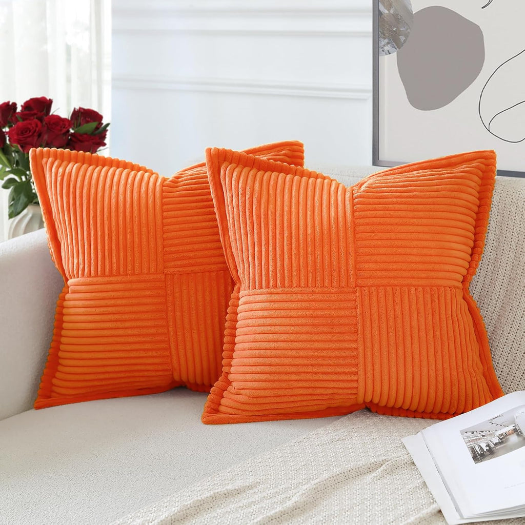 Artscope Corduroy Cushion Covers Pack of 2 Modern Patchwork Throw Pillow Covers Soft Pillowcase Broadside Decorative Textured Cushions for Home decor Sofa Bedroom Couch Orange 40x40cm