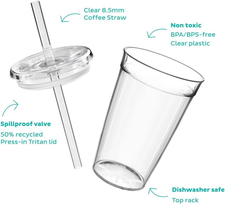 Cold Cup - Clear Plastic, Reusable Ice Coffee Cup with Lid and Straw - Large 16oz (454ml)