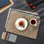 Placemats and Coasters Set of 4, Place Mats Dual Sided Faux Leather Table Mats PU Indoor Outdoor Heat Resistant Placemat Square Non Slip Wipeable Washable Dining Restaurant (Grey Yellow)