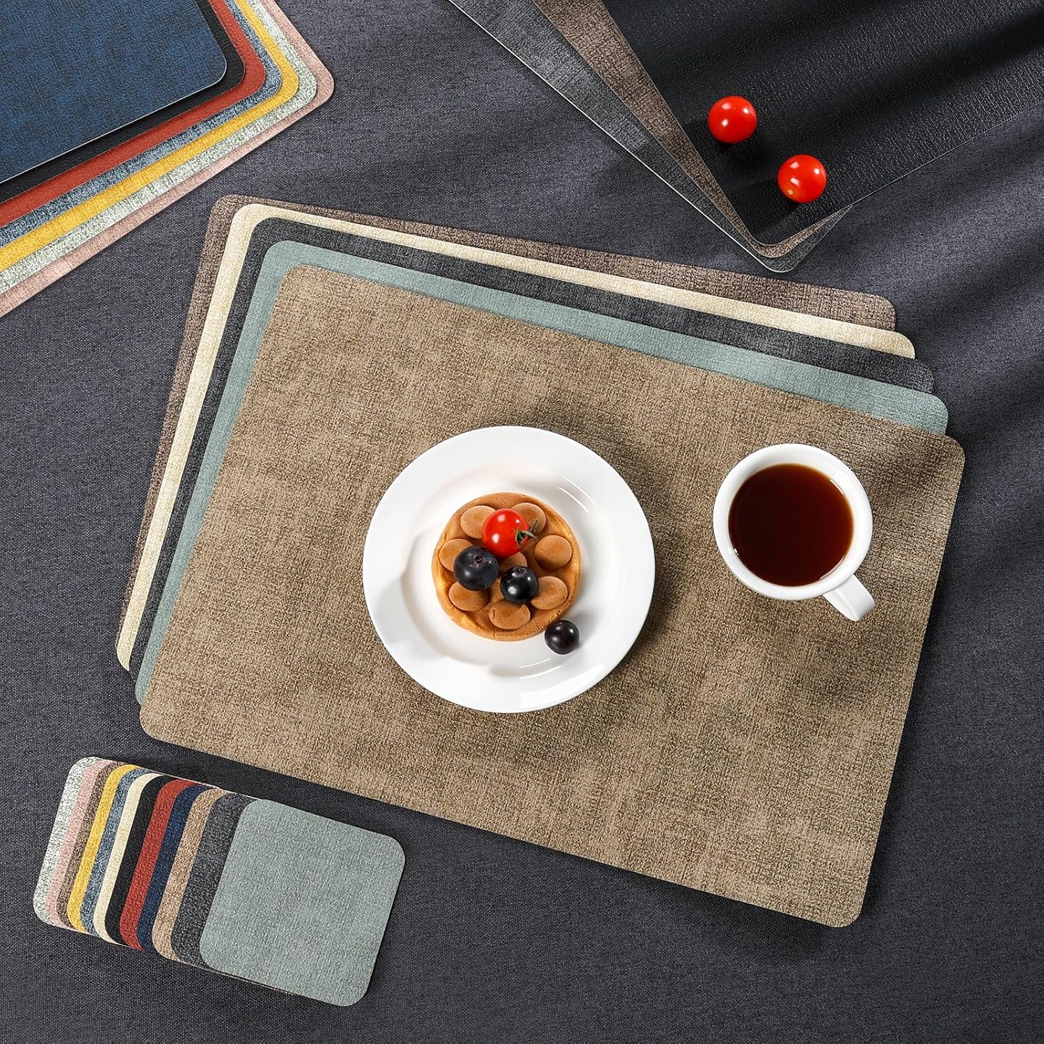Placemats and Coasters Set of 4, Place Mats Dual Sided Faux Leather Table Mats PU Indoor Outdoor Heat Resistant Placemat Square Non Slip Wipeable Washable Dining Restaurant (Grey Yellow)