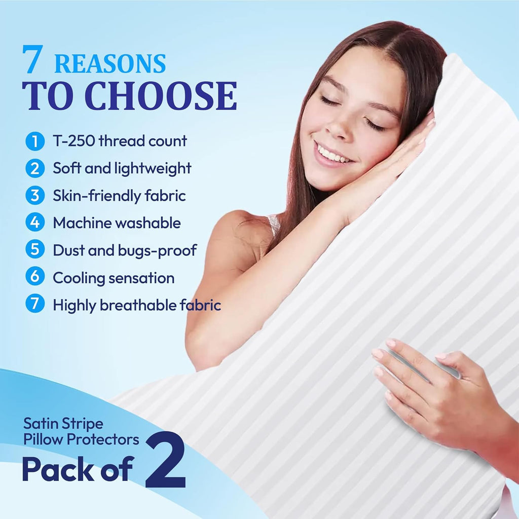 Eutony Pillow Protectors 2 Pack Satin Stripes - Ultra Luxe Zipped Pillow Protectors, Soft & Breathable Hypoallergenic 50 x 75cm - White