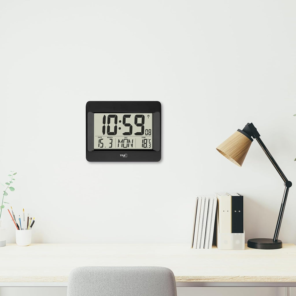 Dostmann Digital Wall Clock, 60.4519.01, Radio-Controlled Clock with Indoor Temperature, Day of the Week (8 Languages), Date, Time Zone Setting, Black, Plastic, (L) 215 x (W) 160 x (H) 26 (68) mm