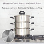 T80836 3-Tier Steamer with Encapsulated Base and Tempered Glass Lid with Steam Release Vent, Induction Compatible, Stainless Steel, Silver