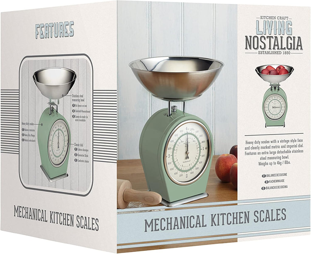 Living Nostalgia Mechanical Kitchen Scales, Retro Traditional Weighing Scale 4 kg (8 lbs), 25 x 25 x 3 cm, English Sage