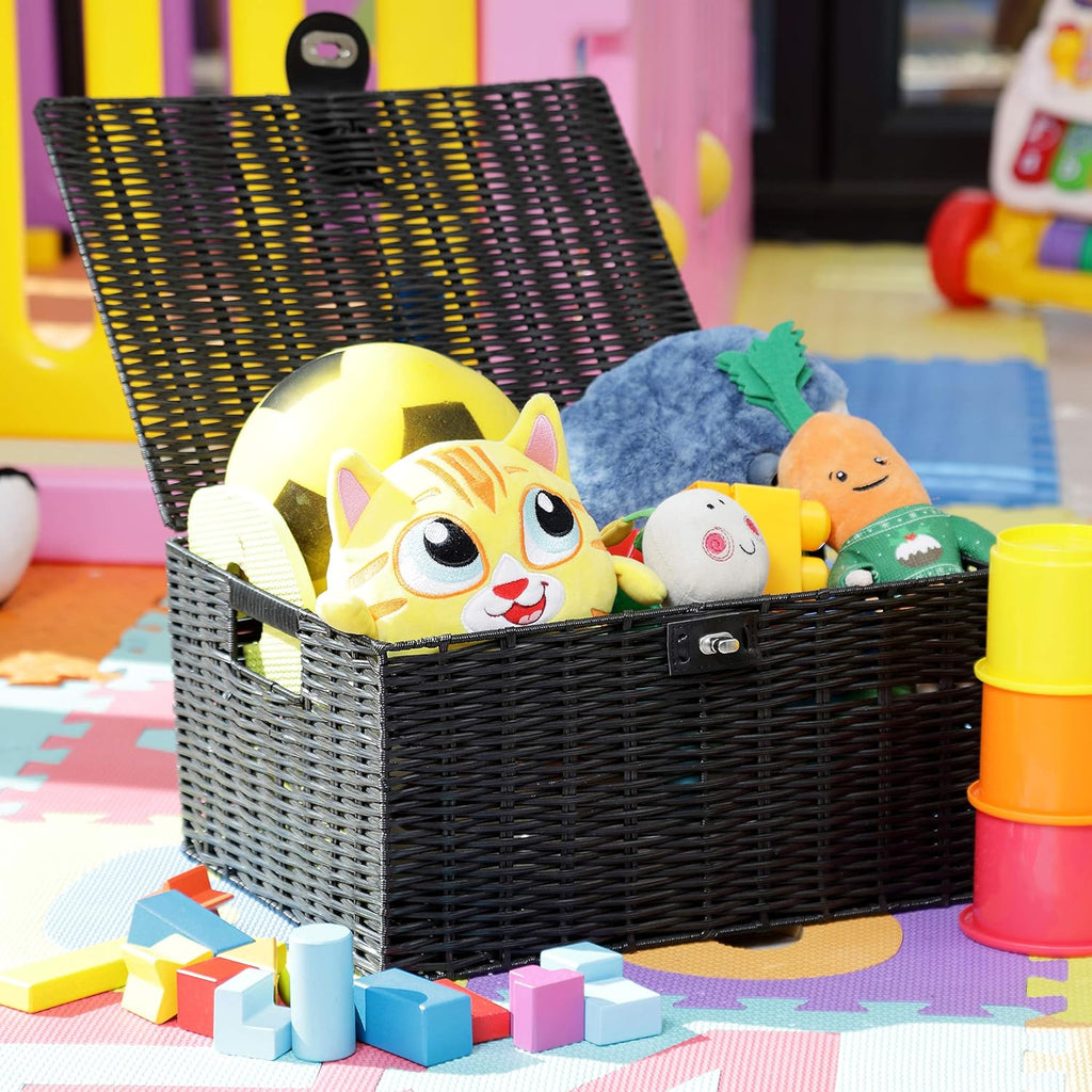 Large Resin Woven Storage Basket Box With Lid & Lock - Black