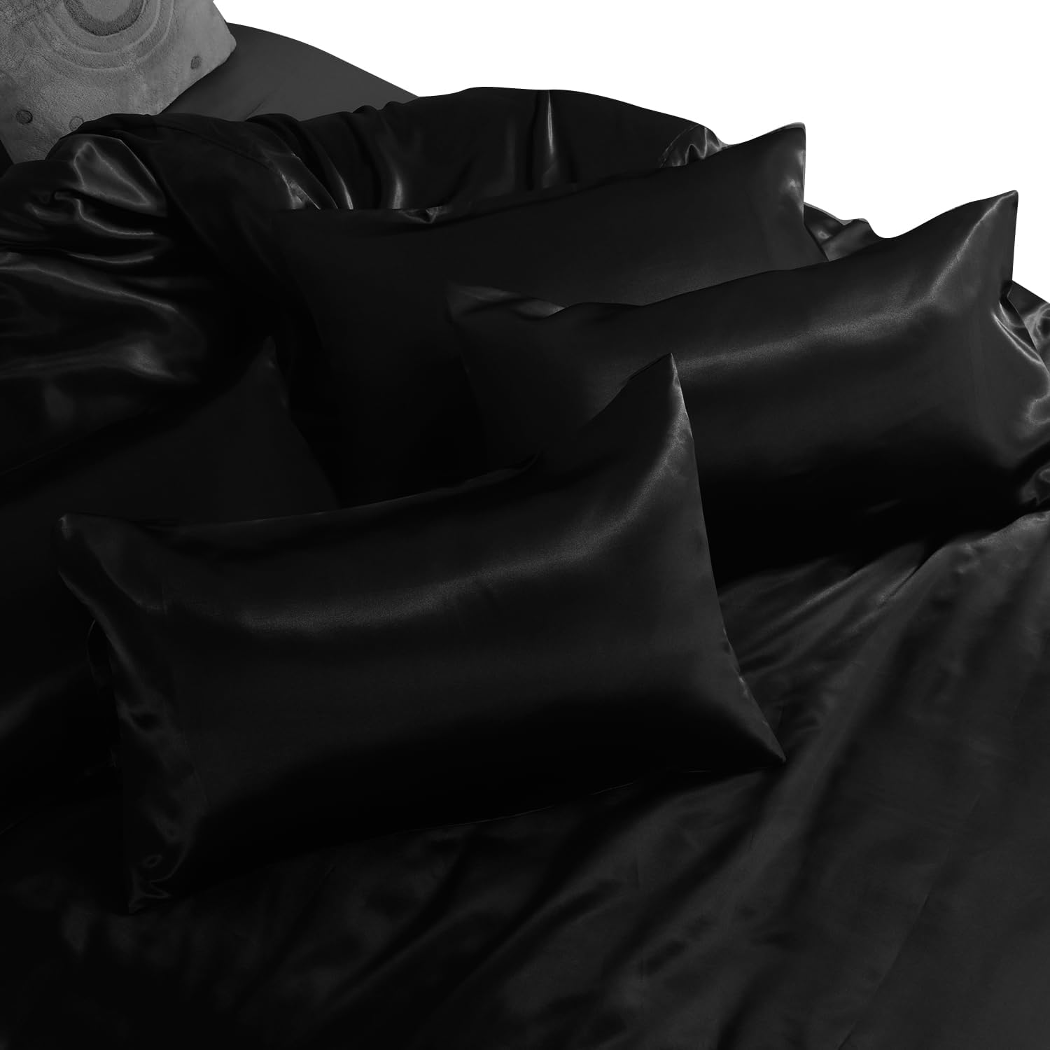 Satin Silk Complete Bedding Set - 6 PCS - Fitted sheet, Duvet Cover, 4 Pillow Cases. Color - Black Size - King