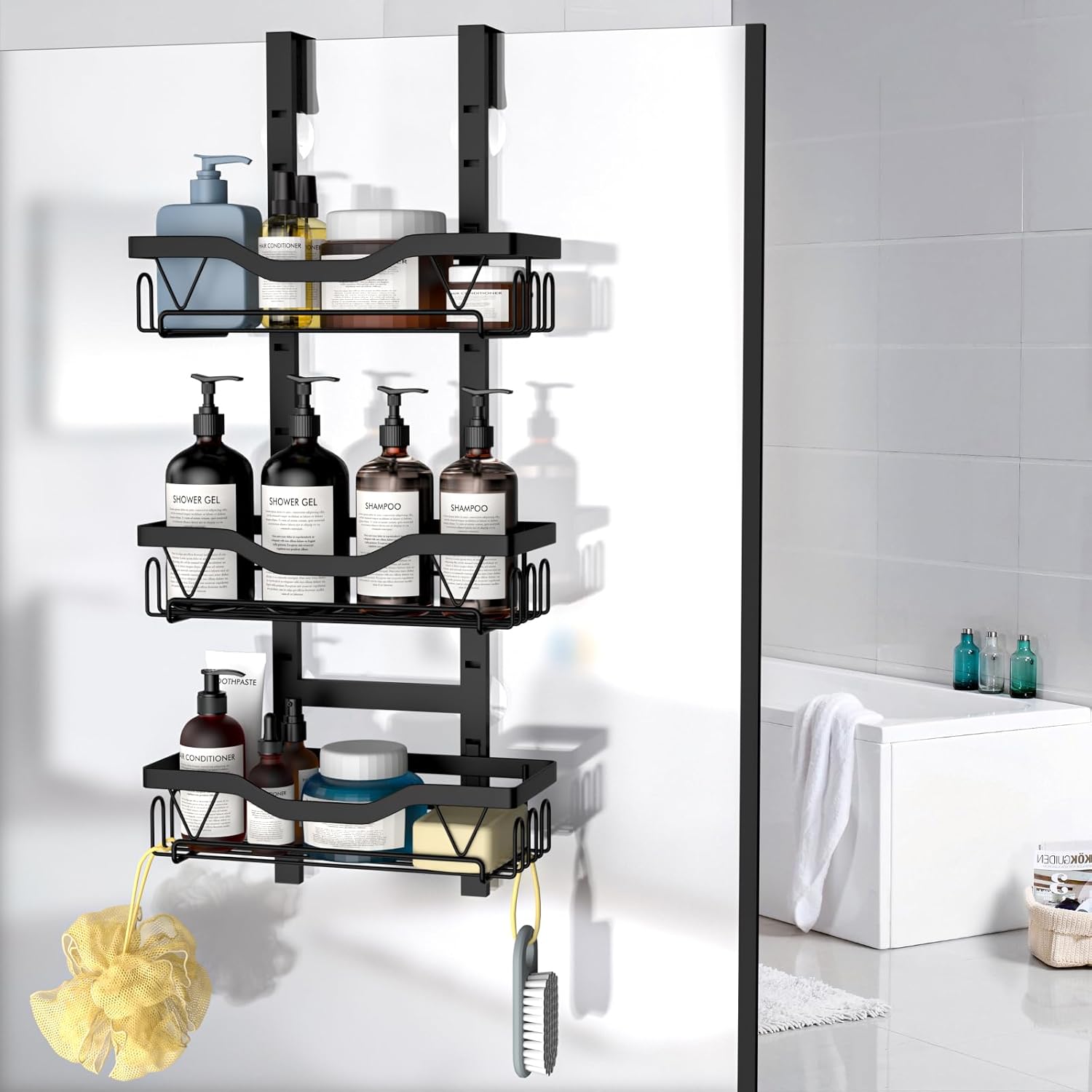 Hanging Shower Caddy, Over Door Shower Shelf 3 Layers, Bathroom Shelves No Drilling (Black - 3 layers)