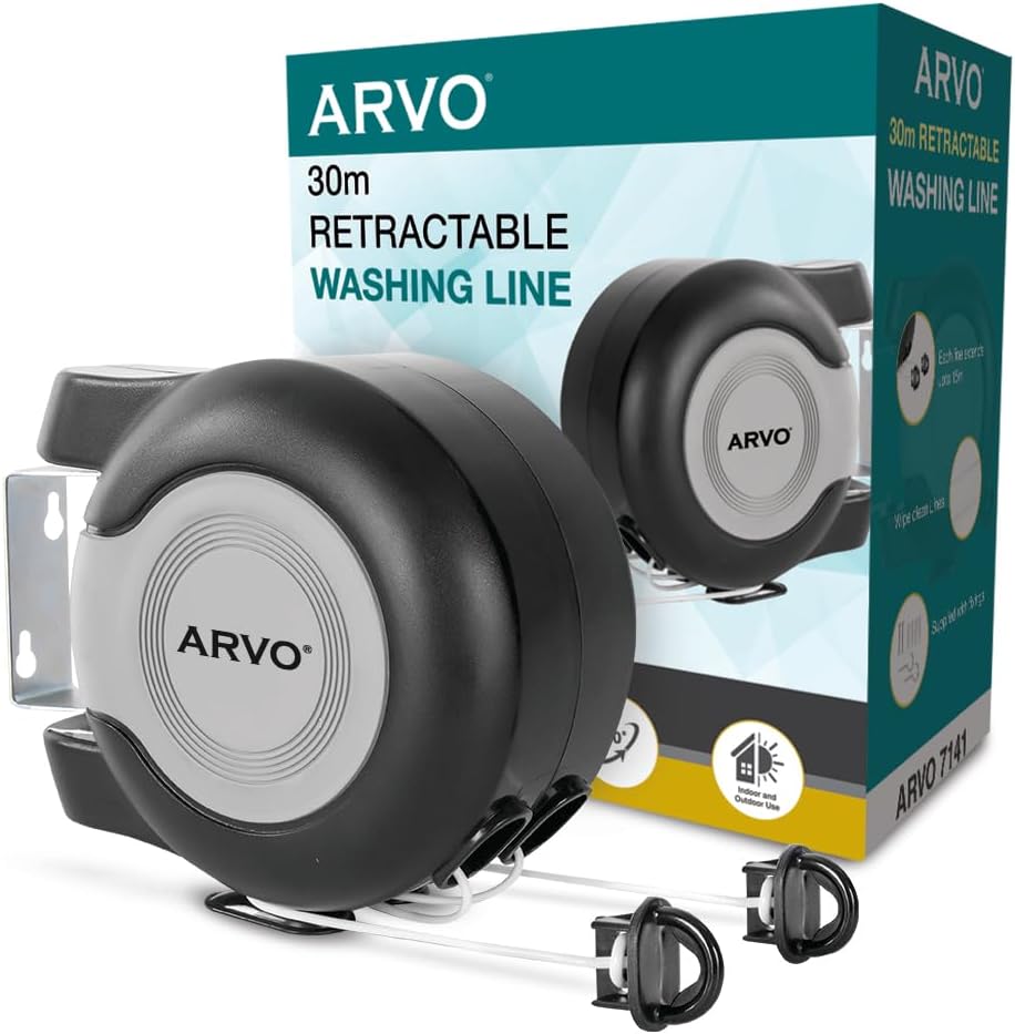 ARVO Wall Mounted Double Retractable Washing Line - 30m Clothes Line - Value Range Extendable Laundry Drying Line - 2 x 15m Cables for Indoor & Outdoor Use Main image