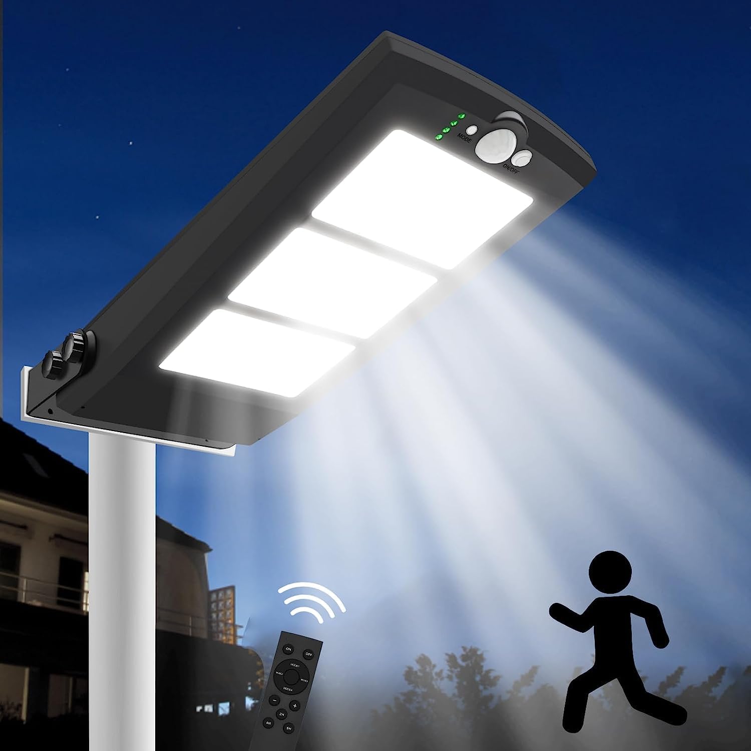 Solar Street Lights Outdoor Waterproof, Dusk to Dawn, with Motion Sensor and Remote Control, Suitable for courtyards, Gardens, Streets, Garage, Wall Mount 30000LM