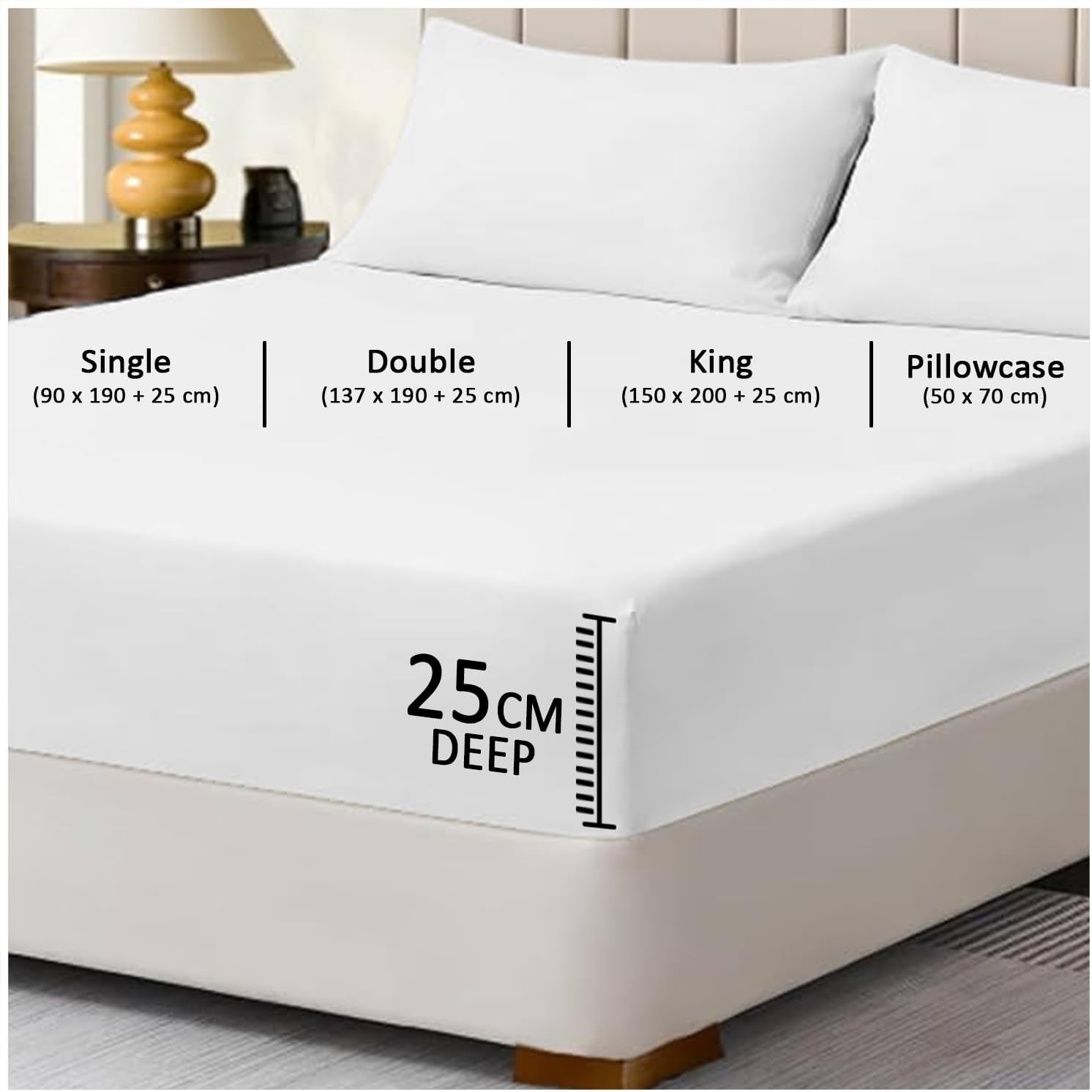 GC GAVENO CAVAILIA Super Dreamer King Size Fitted Sheet White - Plain Bedding Sheet With Elastic Corner - Polyester Fabric Bedsheet