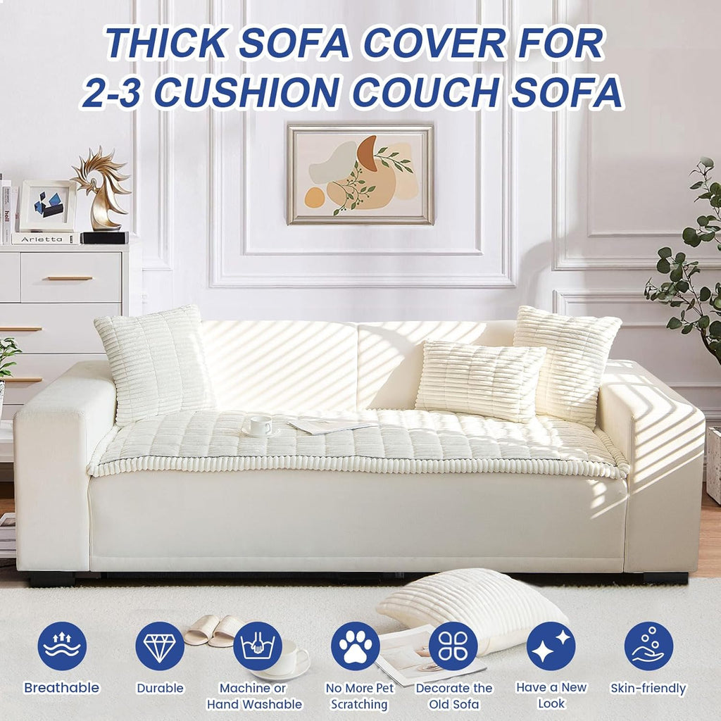 New Thick Sofa Covers Washable - Soft Corduroy Universal Sofa Cover 2 3 4 Seater, Non-Slip Couch Cover, Couch Seat Covers Sofa Slipcovers Furniture Protector for Living Room (White, 70x180cm)