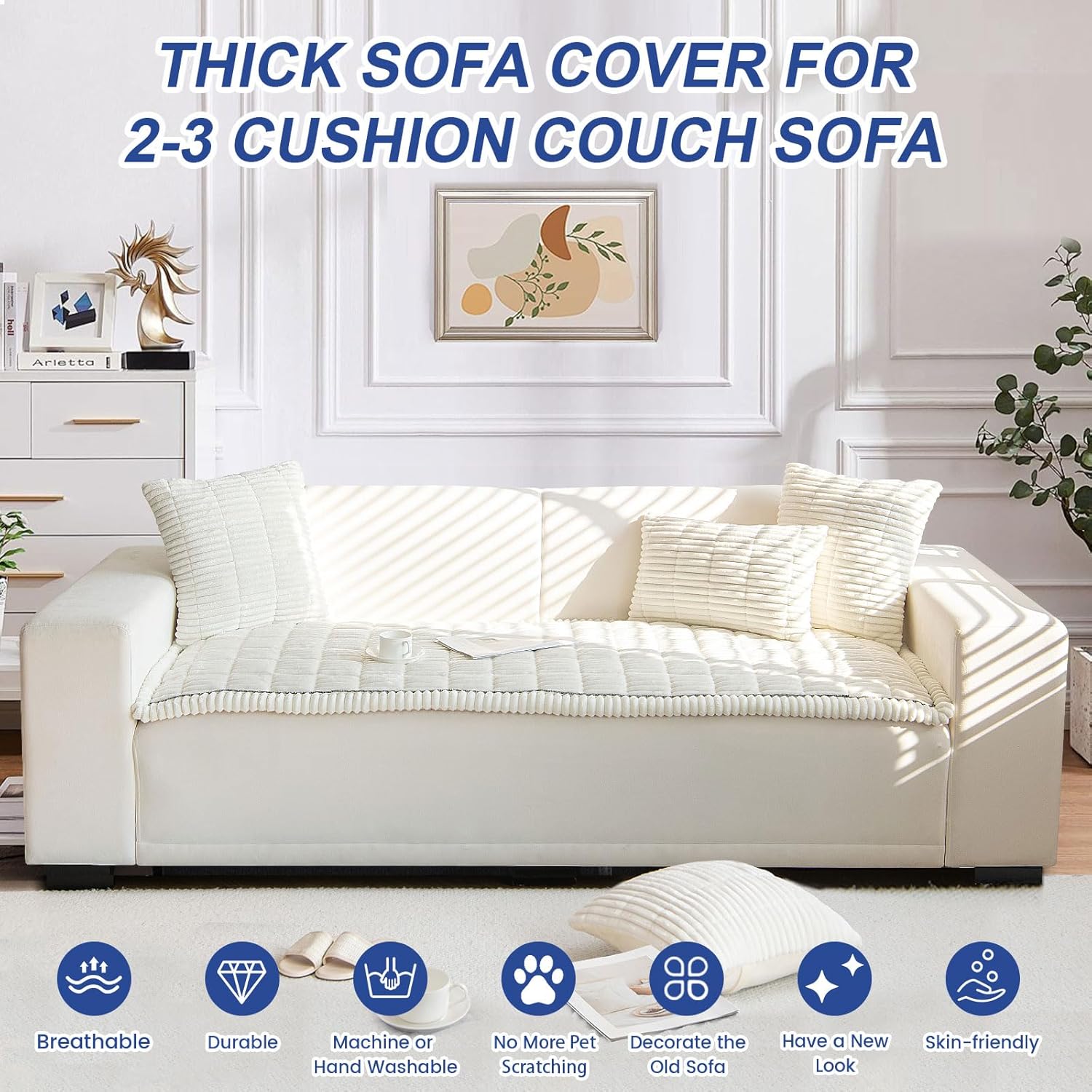 New Thick Sofa Covers Washable - Soft Corduroy Universal Sofa Cover 2 3 4 Seater, Non-Slip Couch Cover, Couch Seat Covers Sofa Slipcovers Furniture Protector for Living Room (White, 70x180cm)
