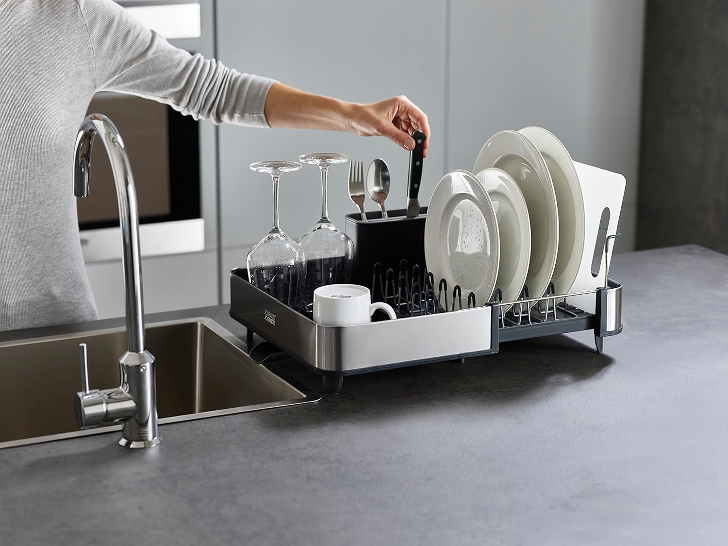 extend steel expandable dish drainer rack with removable cutlery holder swivel draining spout - grey/steel, 4