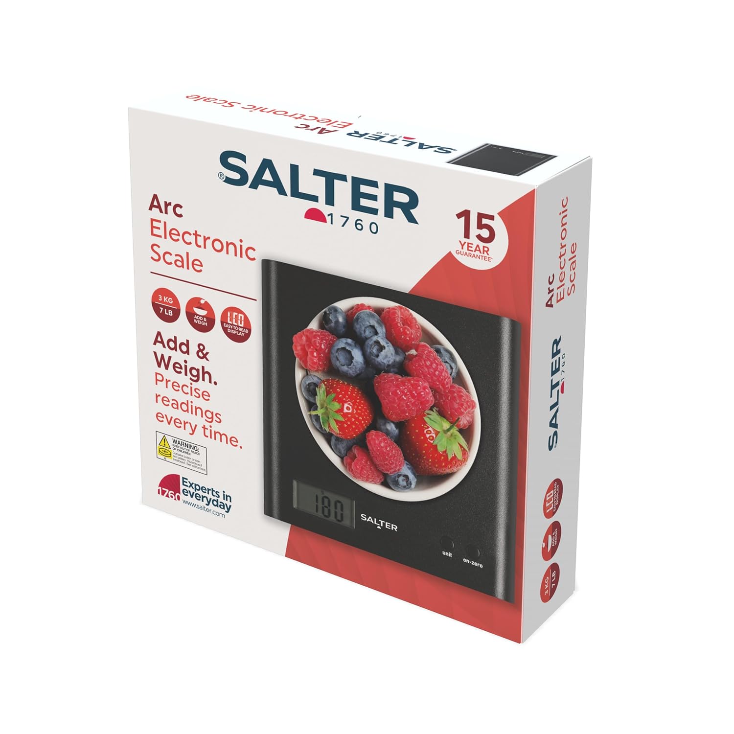 Arc Kitchen Scale – Digital Food Weighing Scales For Precise Cooking/Baking, Slim Platform for Compact Storage, Add & Weigh/Tare Function, 3kg Capacity, Battery Included, Black