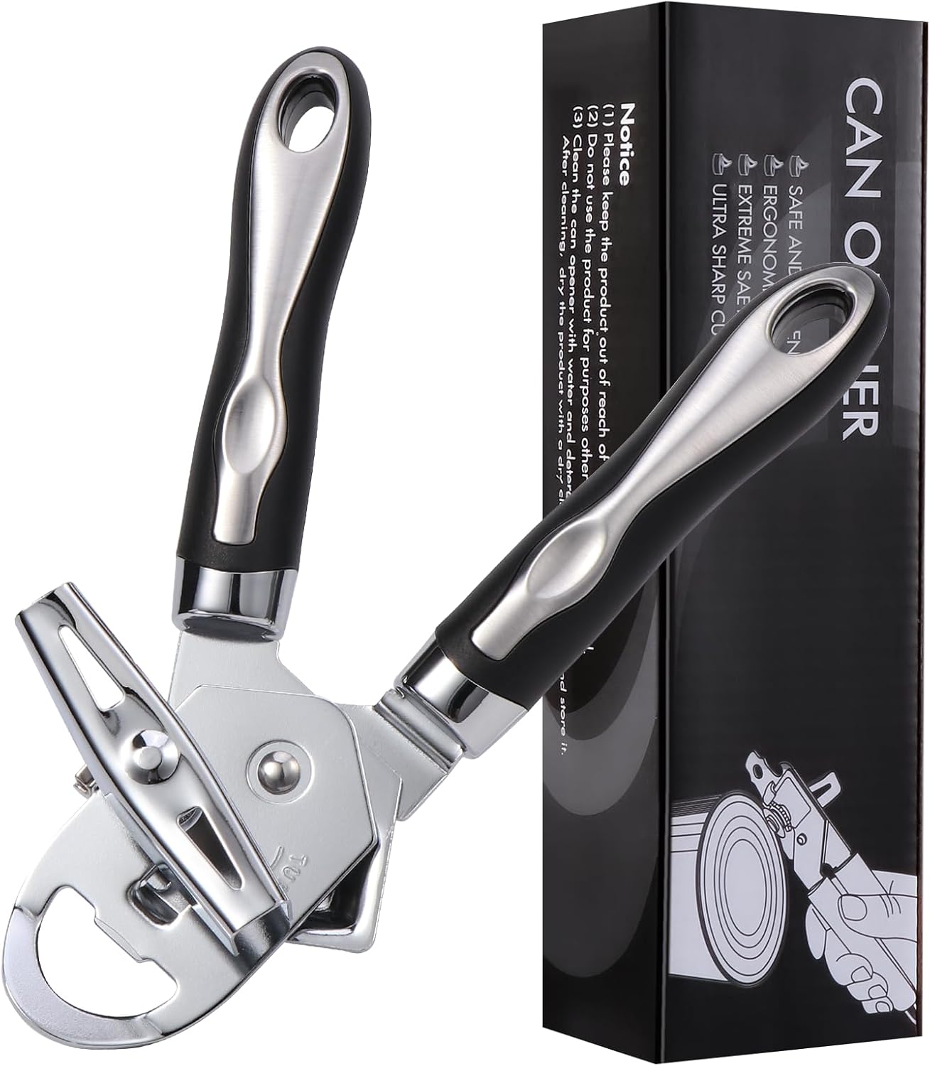 Tin Opener, Diboniur Can Opener Manual, 3-in-1 Multifunctional Can Opener and Bottle Opener, Handheld Heavy Duty Stainless Steel, Black, 8.5" Main image