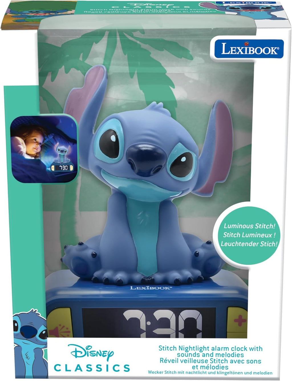 , Disney Stitch, Nightlight alarm clock, Sounds and Melodies, LCD Backlit screen, Luminous, Snooze, Blue, RL800D