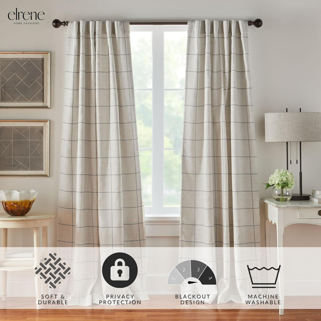 Elrene Home Fashions Windowpane Plaid Grid Blackout Window Curtain Panels/Drapes for Living, Bedroom, Dining Room, Linen, Grey, 52 in x 95 in