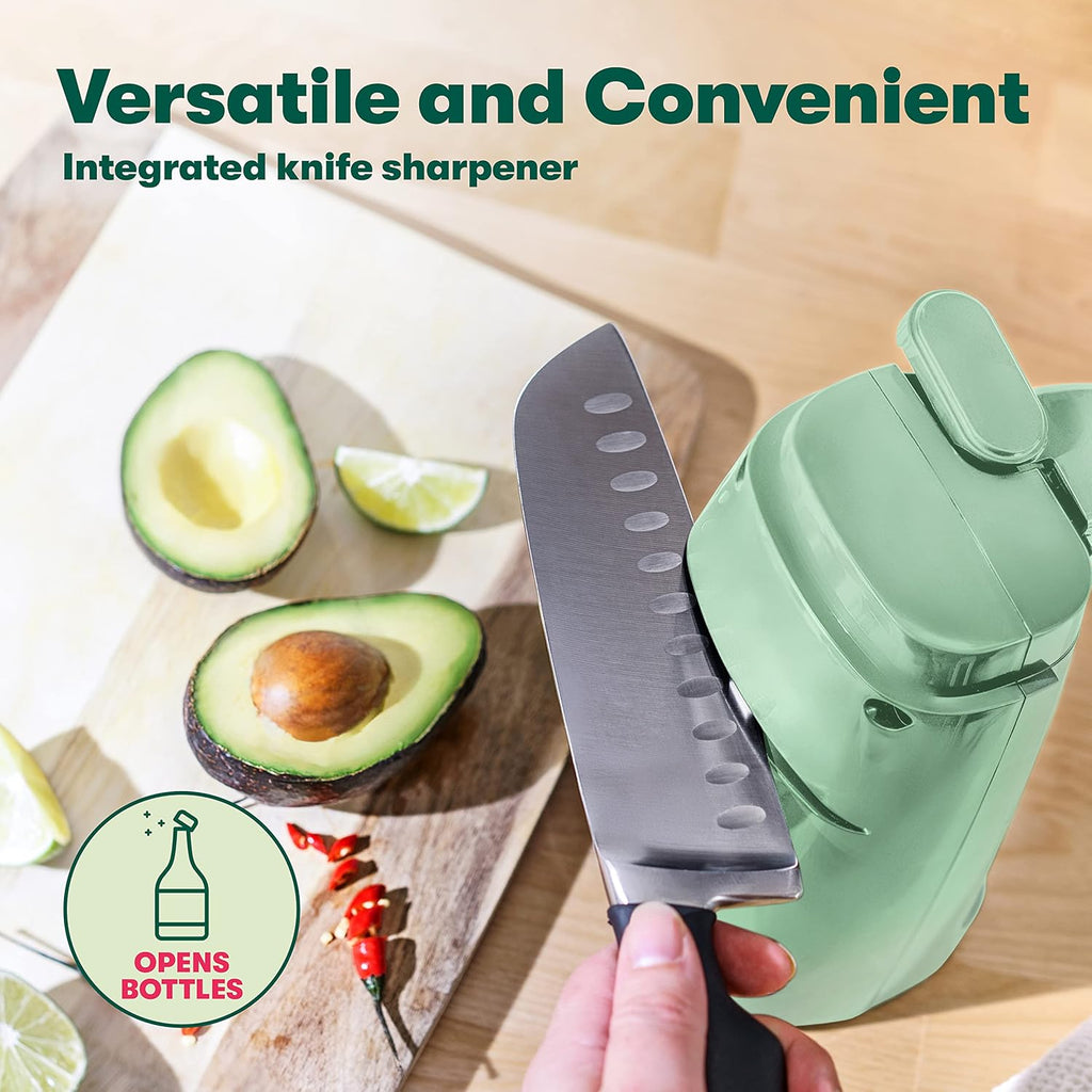 Electric Can Opener and Knife Sharpener, Multifunctional Jar and Bottle Opener with Removable Cutting Lever and Cord Storage, 60 Watt Motor, BPA Free, Stainless Steel Blade, Sage