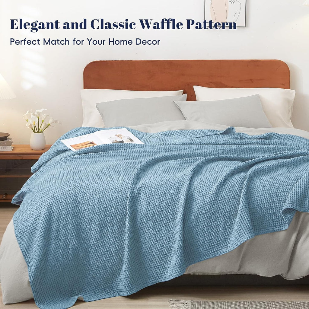 100% Cotton Waffle Weave Blanket SuperKing Size 230 x 270cm, Pre-Washed Lightweight Breathable Throw Blanket, Oeko-TEX Certified for Bed Couch Sofa, Home Decor, Dusty Blue
