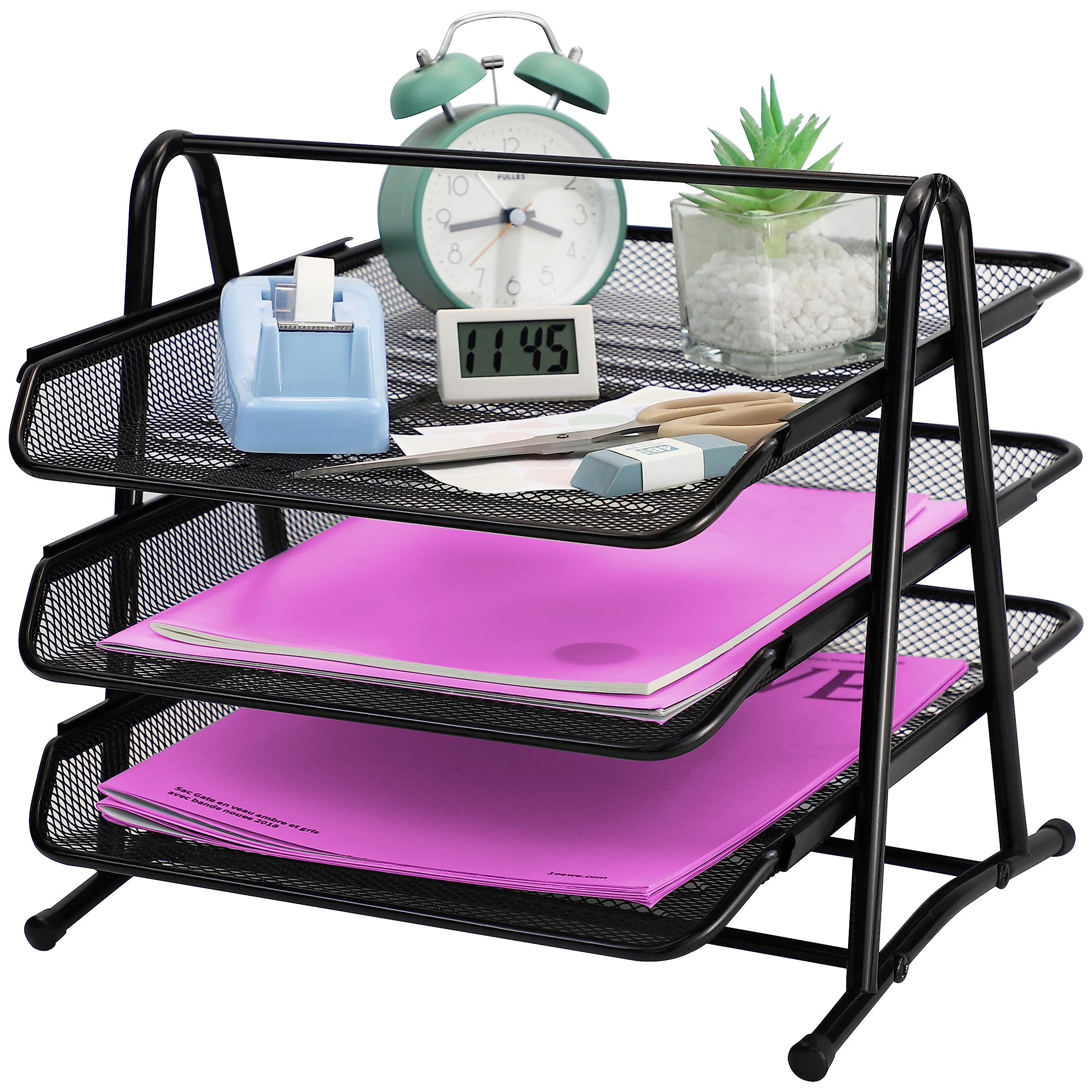 3 Tier Mesh Letter Tray Office Filing Trays Holder Desk Organiser Stacking Supports Document Filing Trays Paper Holder，Metal File Organizer Tray for School Home And Office (3 Tier) Main image