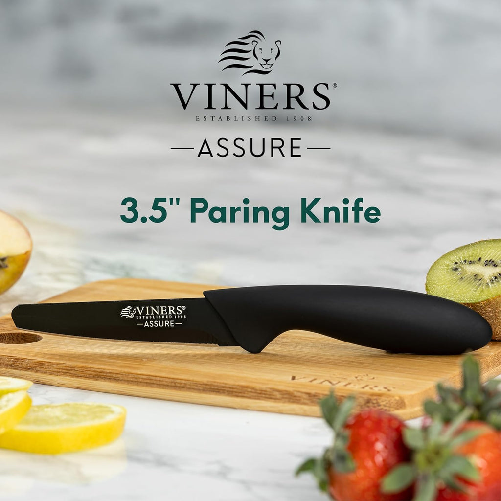 Assure 3.5” Paring Knife Stainless Steel Blade with Squared Tip for Safety, Soft Grip Handle, Non-Stick Coating, Rust-Resistant, Ideal for Cutting Fruit & Vegetables